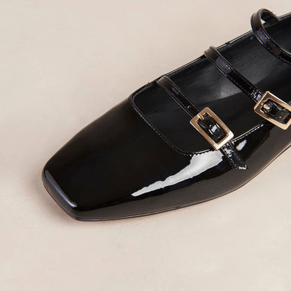 Black Patent Leather Buckled Square Toe Mary Jane Flats
