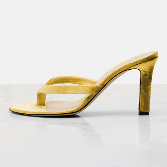 Yellow Velvet Flip Flop Open Round Toe Slip-On Heeled Sandals