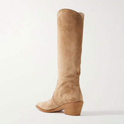 Light Brown Vegan Suede Pointed Toe Chunky Heel Knee High Boots