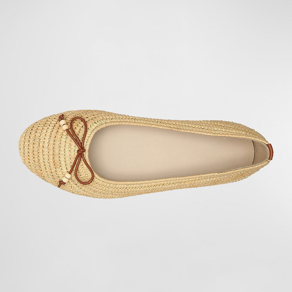 Stylish Beige Woven Raffia Round Toe Ballet Flats with Bow Decor