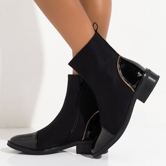 Black Lycra and Patent Leather Patchwork Low Heel Ankle Boots