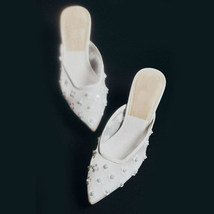 Women's White Mesh Pearl Flower Kitten Heel Pointy Toe Mules Shoes