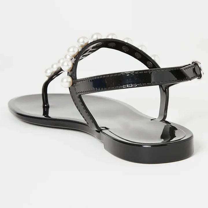 Black Summer Sandals Open Toe Pearl Ankle Strap Casual Flats