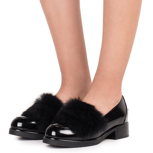 Black Patent Leather Faux Fur Decor Low Heel Women's Loafers