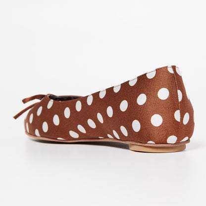 Brown Satin Pointy Toe Polka Dot Bow Flats for Women
