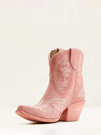 Women's Peach Faux Suede Snip Toe Embroidered Block Heel Cowgirl Ankle Boots