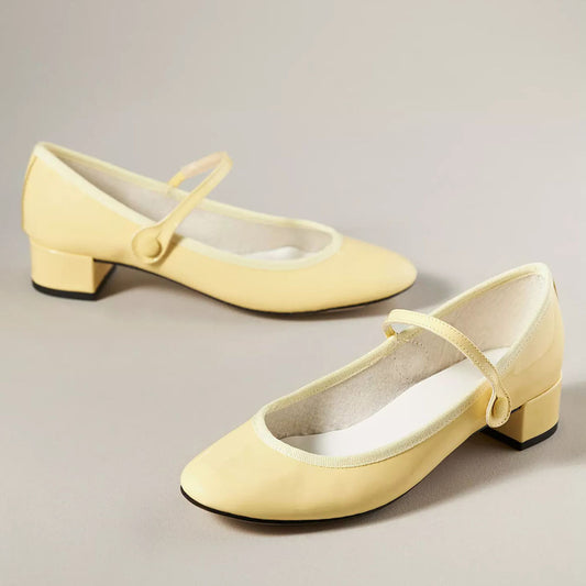 Yellow Patent Leather Round Toe Block Heel Mary Jane Pumps