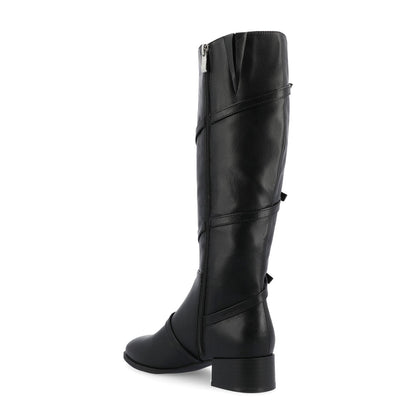 Black Buckle Strappy Round Toe Block Heel Knee High Boots for Women