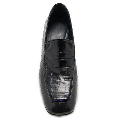 Black Croco Embossed Square Toe Block Heeled Loafers for Women