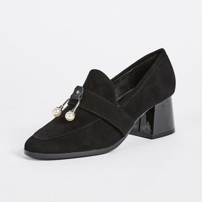 Black Vegan Suede Round Toe Pearl Block Heel Women's Loafers