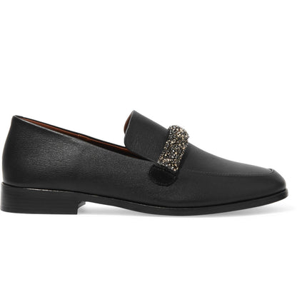 Black Square Toe Chunky Heel Women's Loafers with Rhinestone Strap