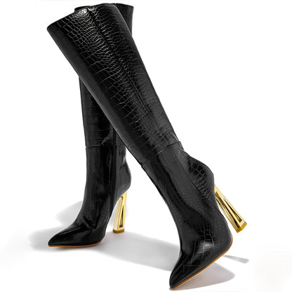 Black Crocodile Embossed Closed Toe Sculptural Heel Knee High Boots