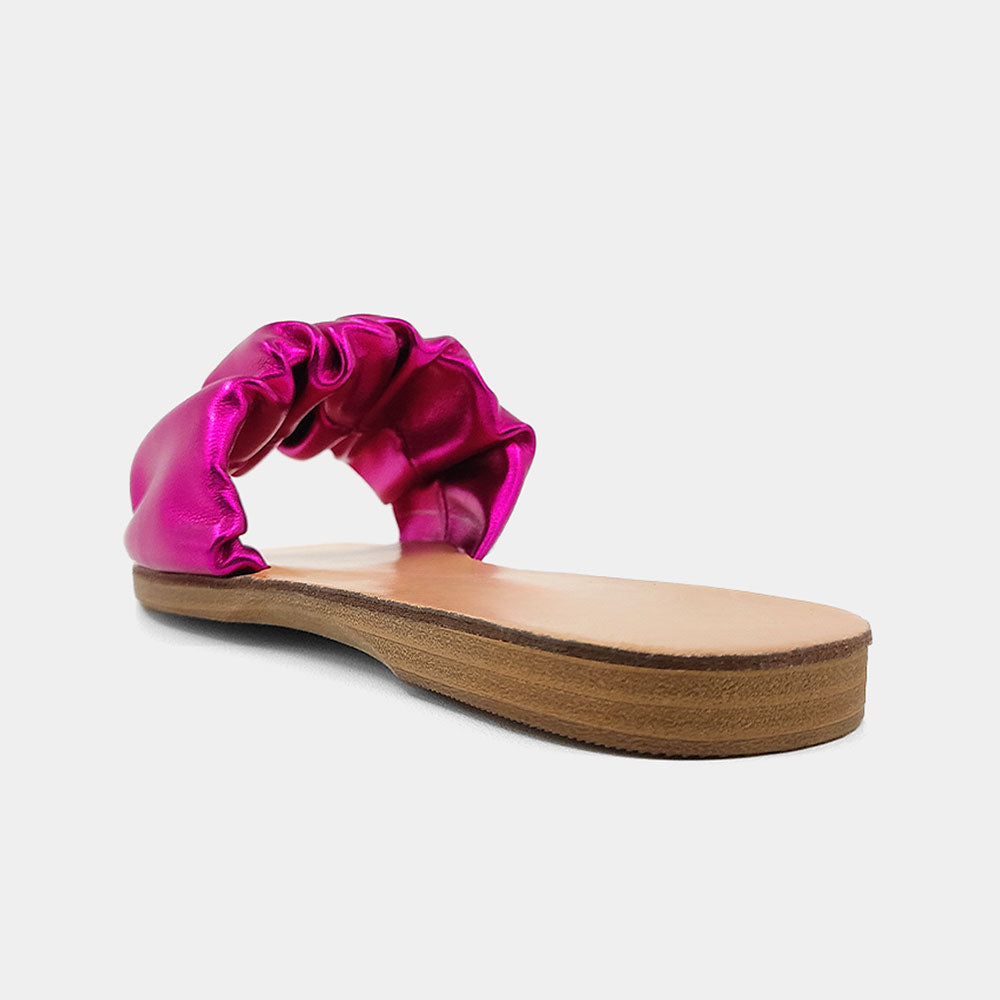 Fuchsia Metallic Ruched Strap Design Square Toe Slip-On Sandals