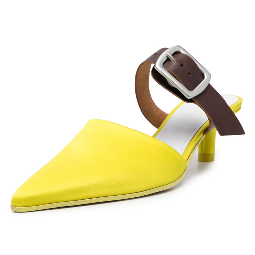 Yellow Slip-On Buckle Strap Kitten Heel Mule Shoes for Women