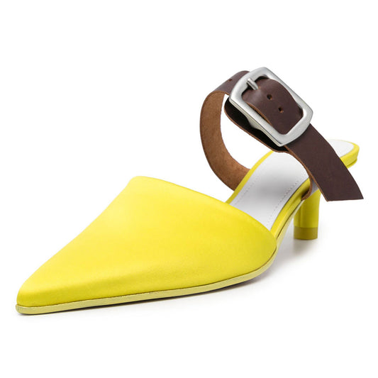 Yellow Slip-On Buckle Strap Kitten Heel Mule Shoes for Women