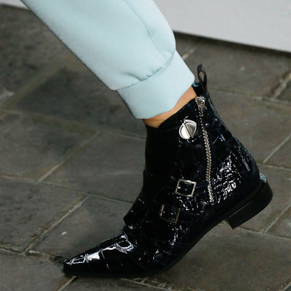 Black Lizard Skin Buckles Pointy Toe Side Zip Flat Ankle Boots