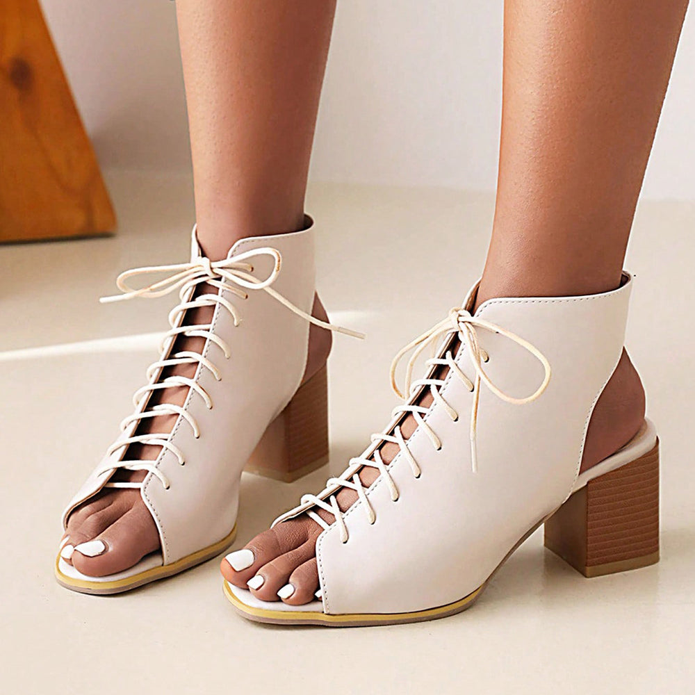 White Square Toe Chunky Heel Lace Up Ankle Boots