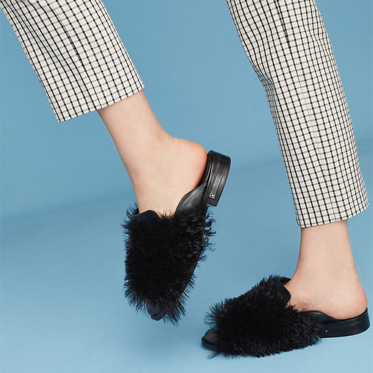 Black Round Toe Faux Fur Flat Mule Loafers for Women