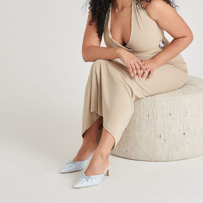 Women's Light Blue Pointed Toe Bow Decor Elegant Mule Heels