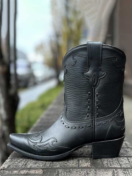 Black Snip Toe Embroidered Cowgirl Ankle Boots with Chunky Heels