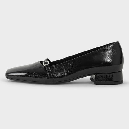 Black Vegan Leather Square Toe Buckle Strap Mary Jane Flats