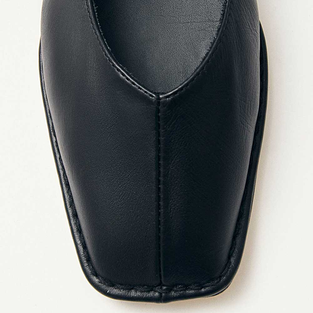 Black Vegan Leather Closed Square Toe Ballet Flats with Bow Straps