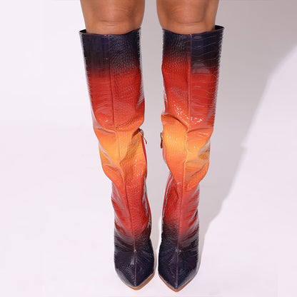 Multicolor Gradient Croco Embossed Decorative Heel Knee High Boots