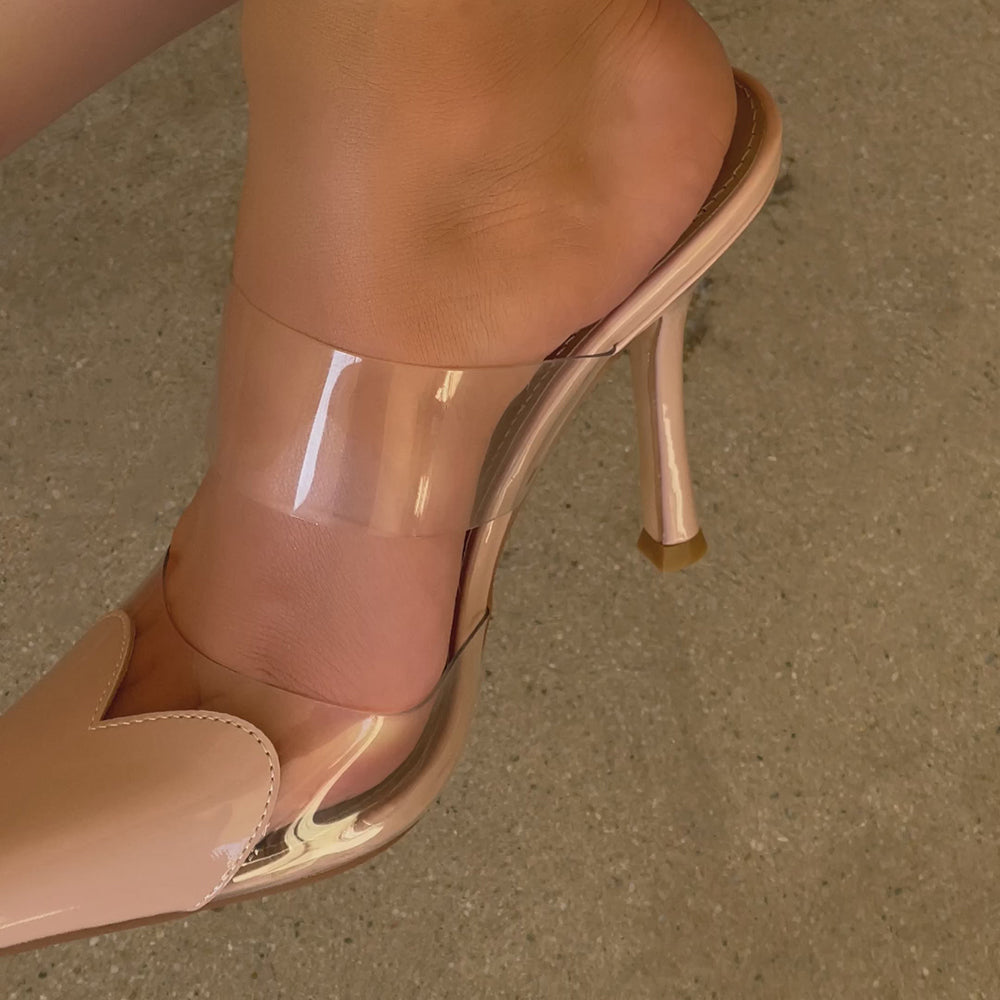 Beige & Clear Pointed Toe 4'' Stiletto Heel Mules
