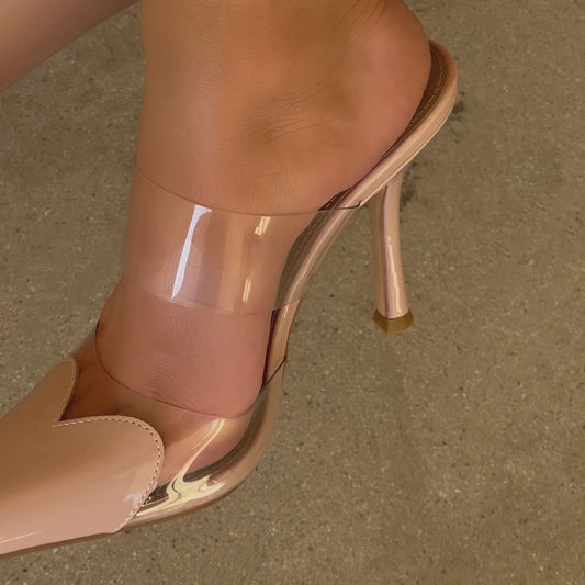 Beige & Clear Pointed Toe 4'' Stiletto Heel Mules