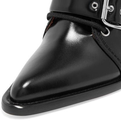 Black Gladiator Lace-Up Buckle Strap Pointed Toe Cut-Out Ankle Boots