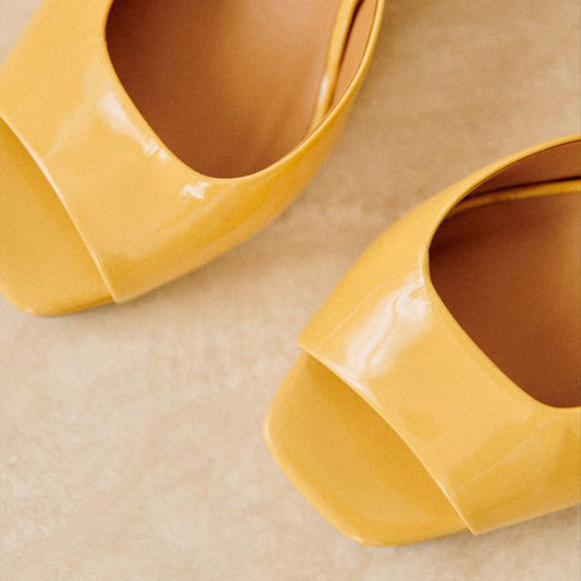 Yellow Square Toe Chunky Heel Strappy Sandals