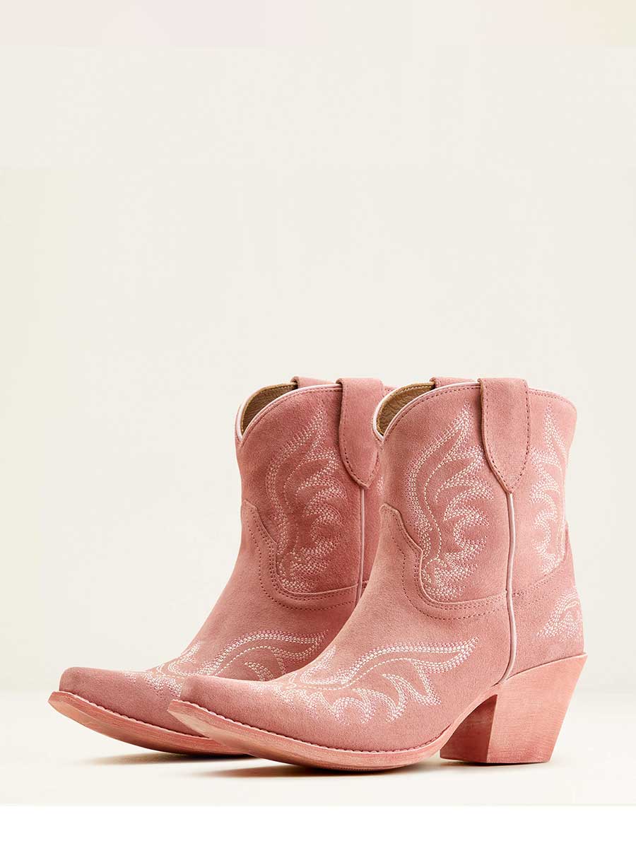 Women's Peach Faux Suede Snip Toe Embroidered Block Heel Cowgirl Ankle Boots