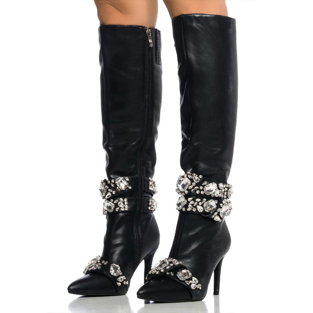 FSJ Black Pointed Toe Stiletto Mid Calf Boots with Crystal Band