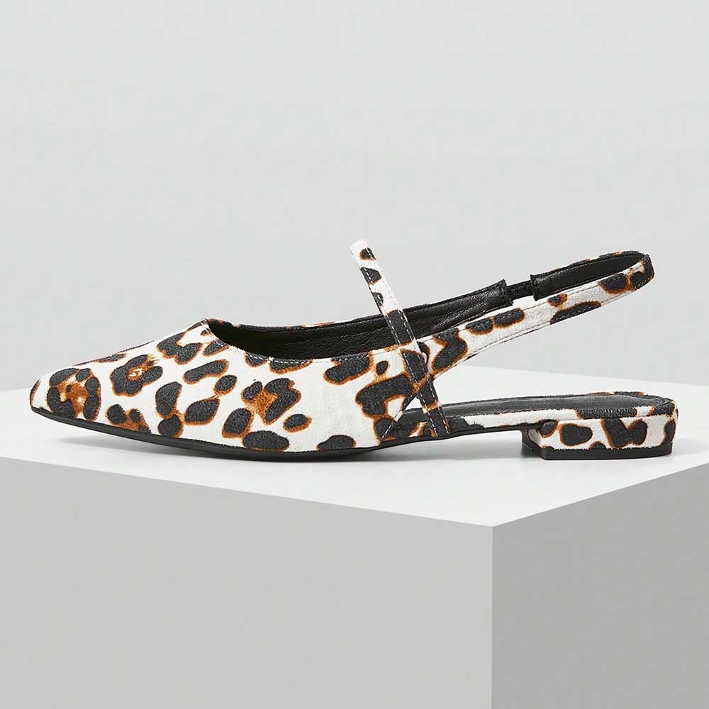 White & Brown Vegan Suede Leopard Print Pointy Toe Slingback Flats