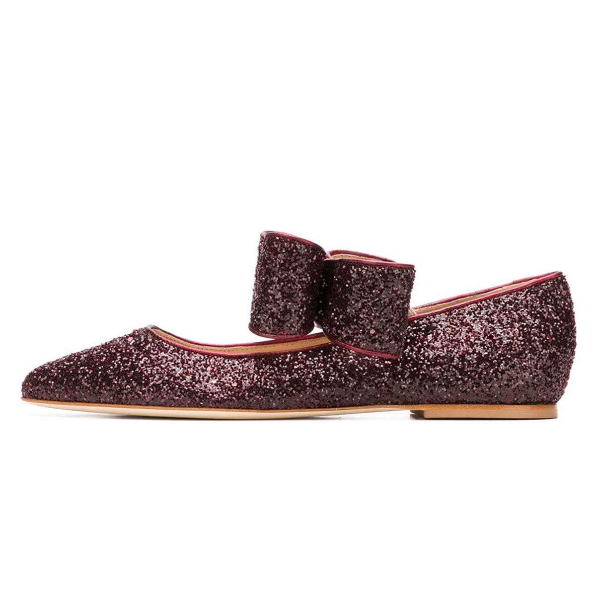 Brown Glitter Bow Pointy Toe Comfortable Flats