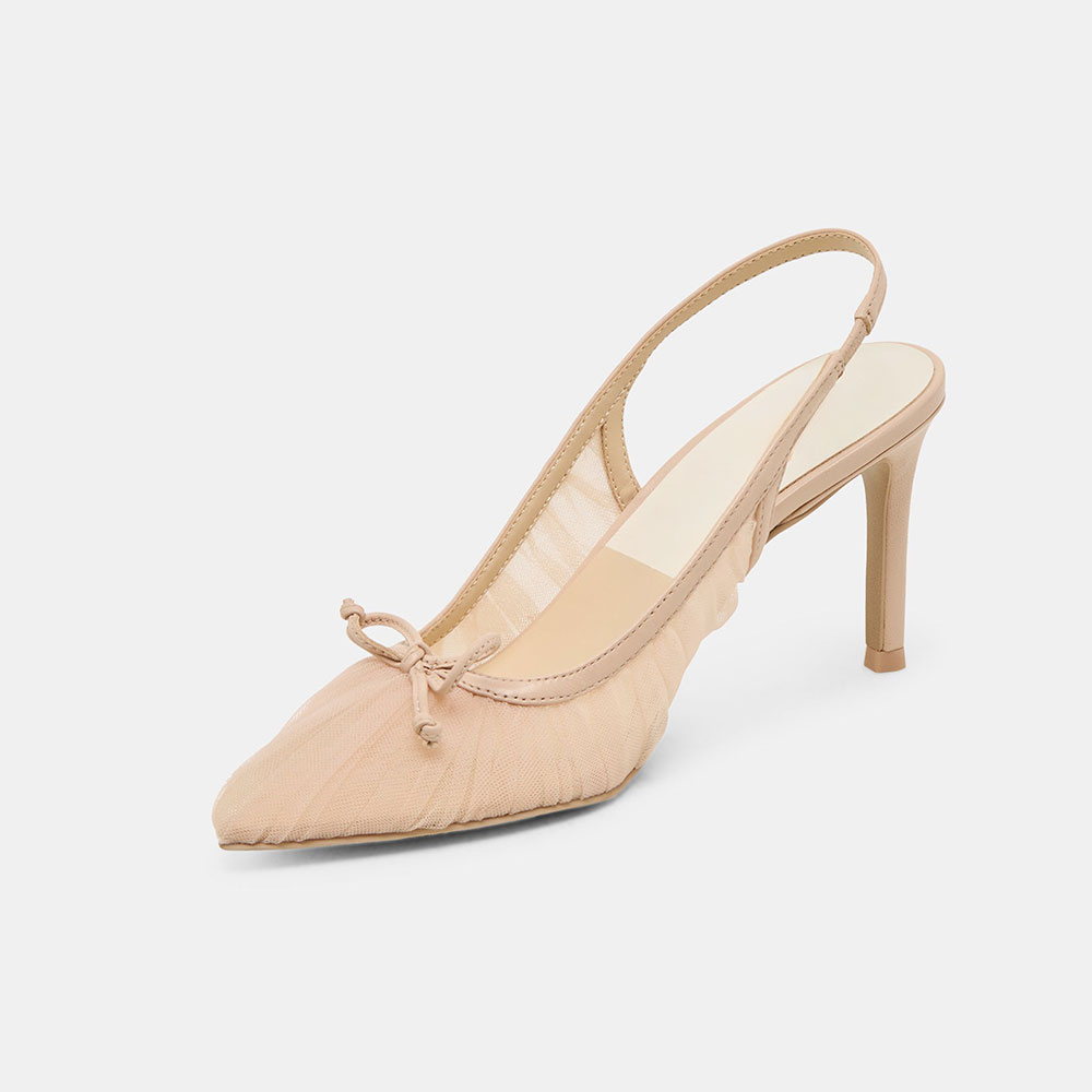 Nude Mesh Pointed Toe Pleated Detail Slingback Pumps with Bow