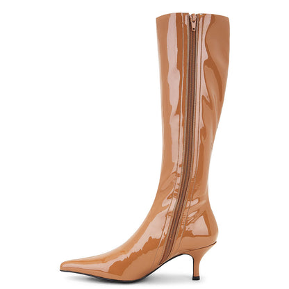 Simple Tan Patent Leather Pointed Toe Stiletto Heel Knee High Boots