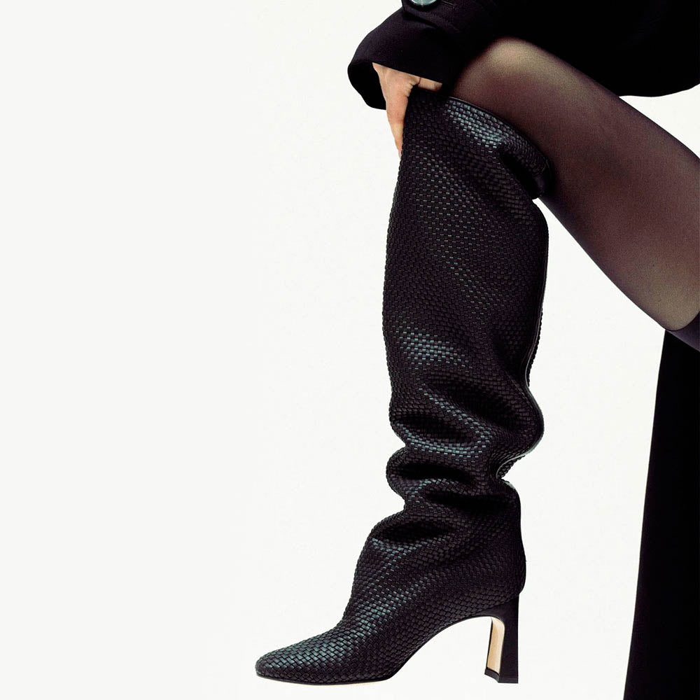 Black Woven Round Toe Chunky Heel Slouchy Knee High Boots