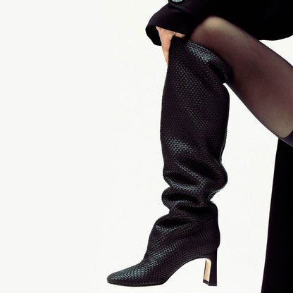 Black Woven Round Toe Chunky Heel Slouchy Knee High Boots