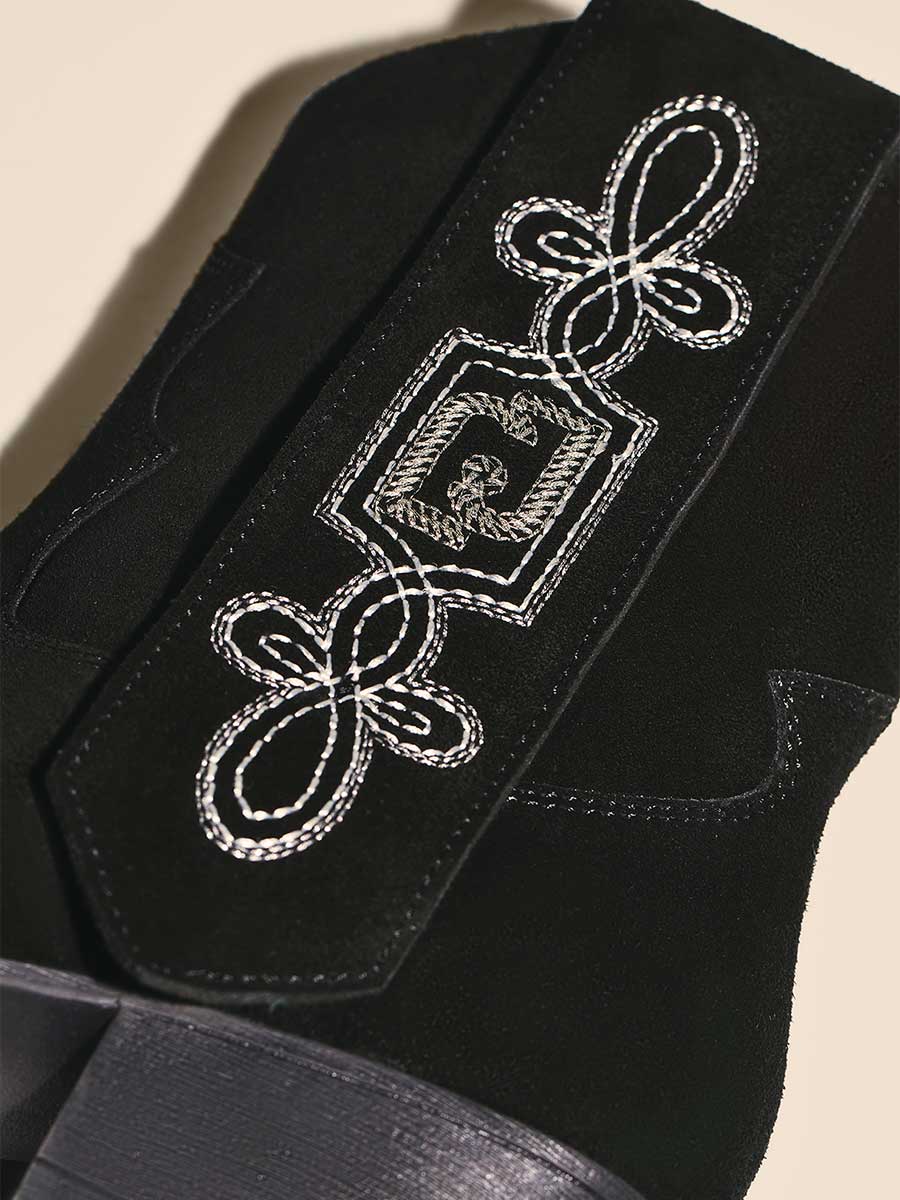 Black Vegan Suede Chunky Heel White Embroidered Cowgirl Ankle Boots