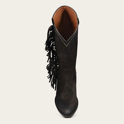Black Fringe Pointed Toe Chunky Heel Mid Calf Boots with Studs