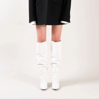 Chunky Heel Pull-On Woven Knee High Boots for Women in White