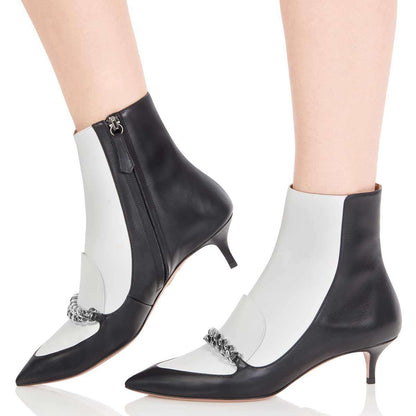 Black & White Pointed Toe Kitten Heel Ankle Boots with Chain Decor