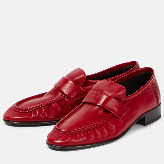 Softy Red Round Toe Low Chunky Heel Women's Loafers