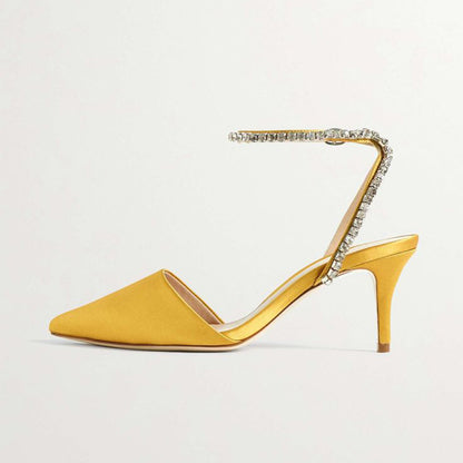 Yellow Satin Ankle Strap Rhinestones Kitten Heels Pointy Toe Pumps