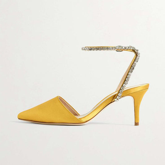 Yellow Satin Ankle Strap Rhinestones Kitten Heels Pointy Toe Pumps