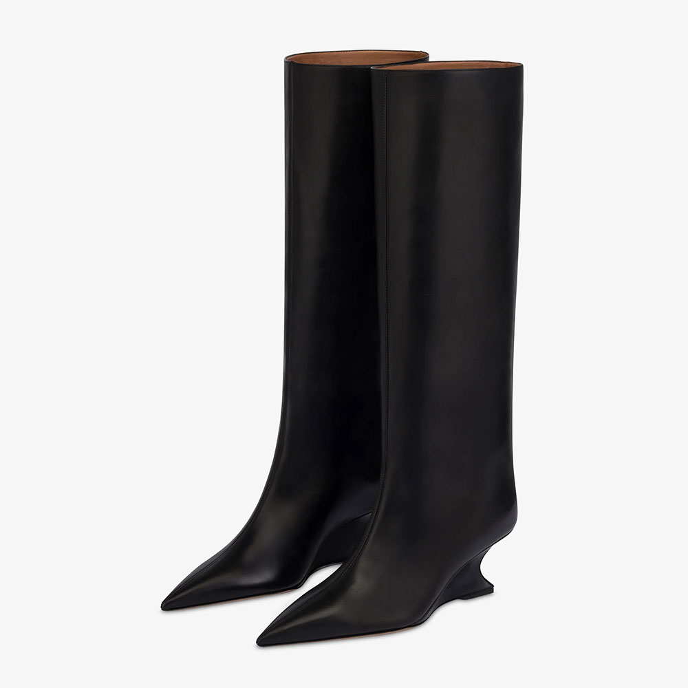 Black Pointed Toe Sculptural Wedge Heel Pull-On Knee High Boots