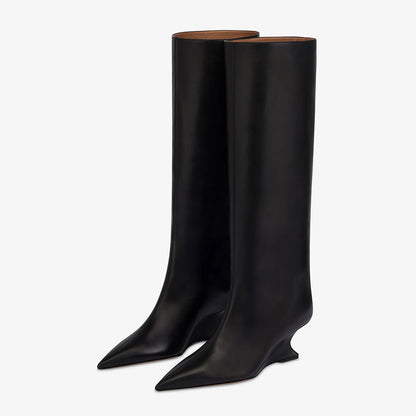 Black Pointed Toe Sculptural Wedge Heel Pull-On Knee High Boots