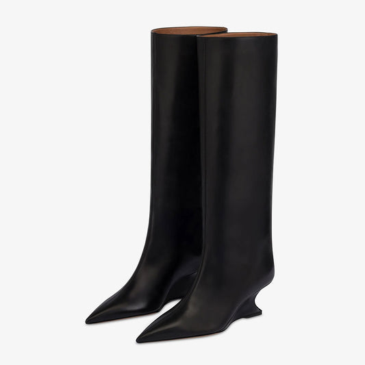 Black Pointed Toe Sculptural Wedge Heel Pull-On Knee High Boots