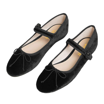 Black Velvet Round Toe Buckle Strap Mary Jane Flats with Bow Tie